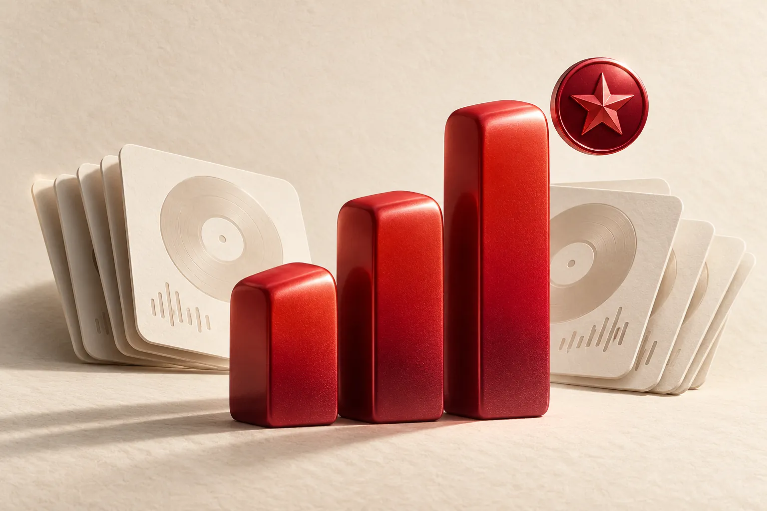 Editorial illustration of red chart columns, music cards and an achievement medallion