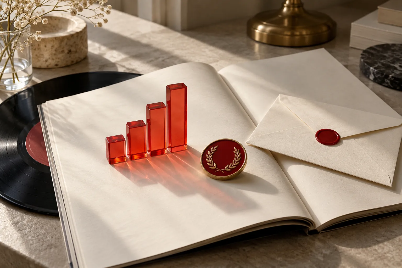 Red glass chart bars, an award medallion and a sealed envelope on an open magazine beside a vinyl record