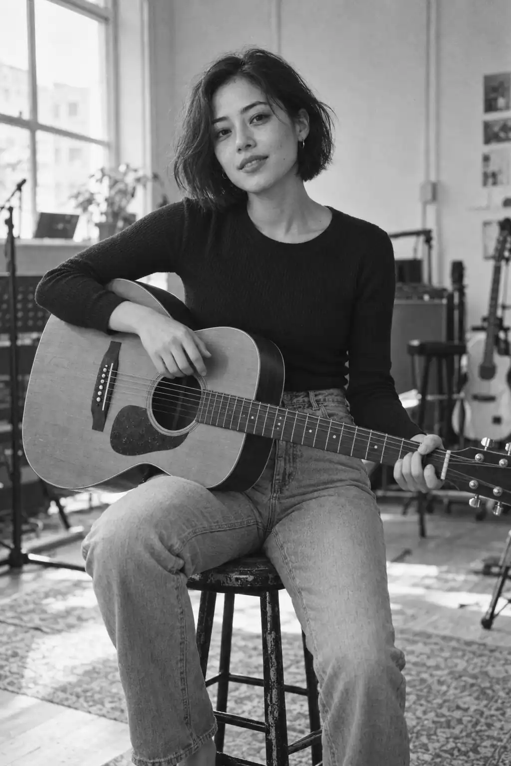 Black-and-white editorial illustration of a female musician with an acoustic guitar